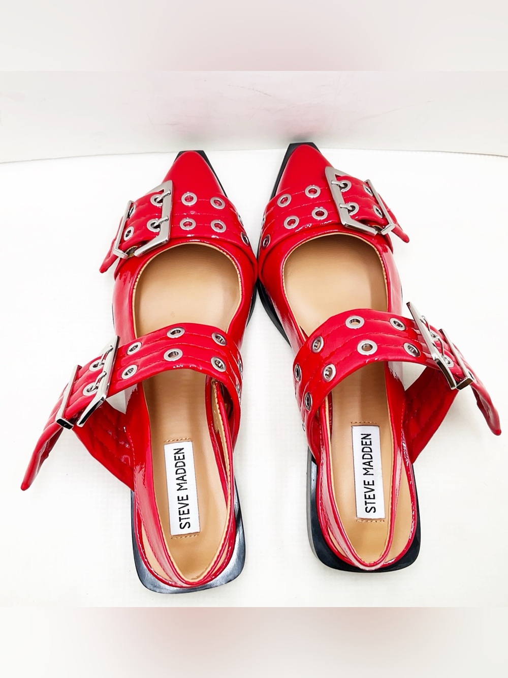 {Steve Madden} Graya Red Patent Studded Buckle Slingback Flats - Picture 10 of 16